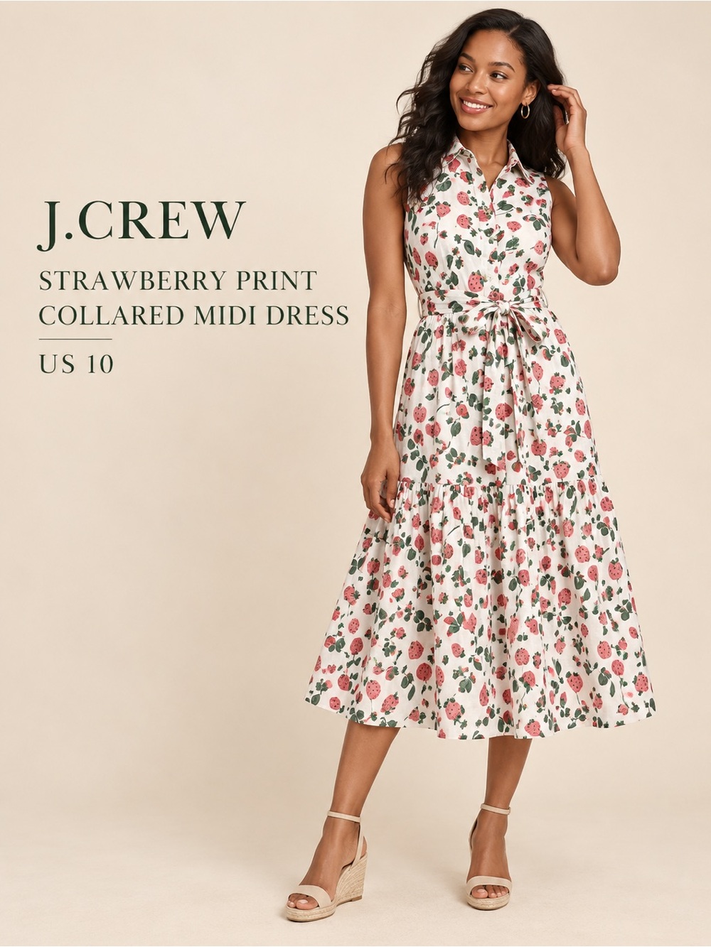 J.Crew Strawberry Print Collared Midi Dress Belted Size 10